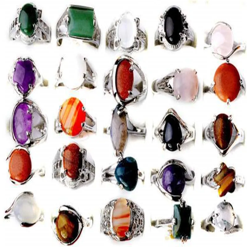 Wholesale 5Pcs Mixed Natural Stone Silver Color Vintage Tibetan Natural  Body Jewelry Hot SellingFor Woman Man Ring