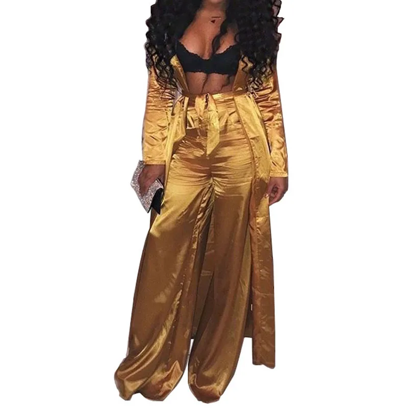 

New Casual Women Set Wide Leg Pants and Long Cardigan Satin Two Piece sets with Belt Femme Wear B11JM967