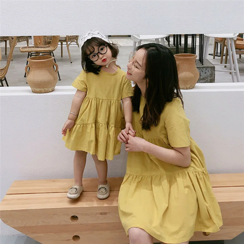Mutter Und Tochter Kleider mama und mich familie passenden kleidung Eltern-Kind Frauen Kinder Baby Mädchen Nette Plain Kleid elegante