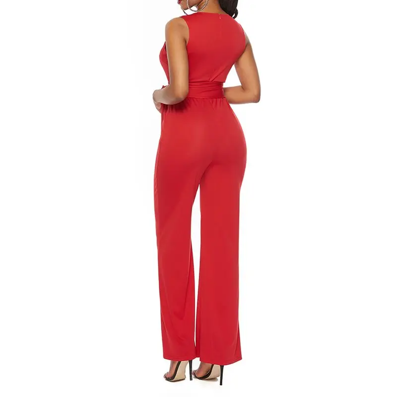 Офисный длинный женский элегантный комбинезон со шнуровкой тонкий v-образный вырез сексуальный клубный красный повседневный комбинезон широкие брюки черные рабочие женские комбинезоны