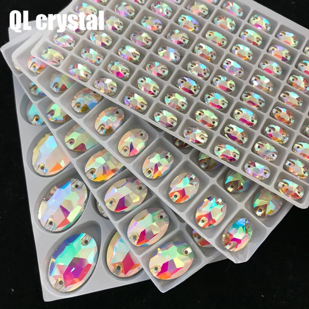 QL Кристалл Овальный пришить стразы ясно, Crystal AB Flatback 2 круглых отверстия для DIY одежды сумки обувь аксессуары