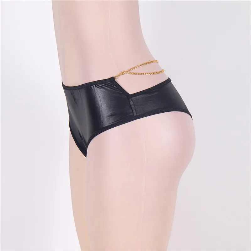 

Black Wet Look Faux Leather Brief Boy Shorts with Gold Chain Back Lingerie Bikini Underwear Cut Panties Shorts Plus Size M-6XL