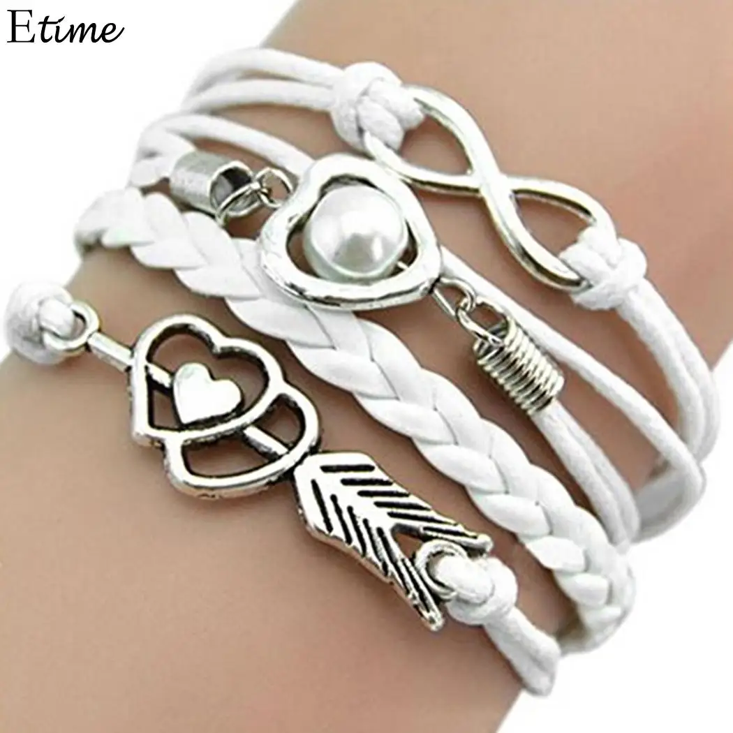 

FANALA Women Bracelet Heart Charm Leather Braid Female Bracelets Bangle Jewelry Infinity Jewellry for Women Men Party 9 Colors