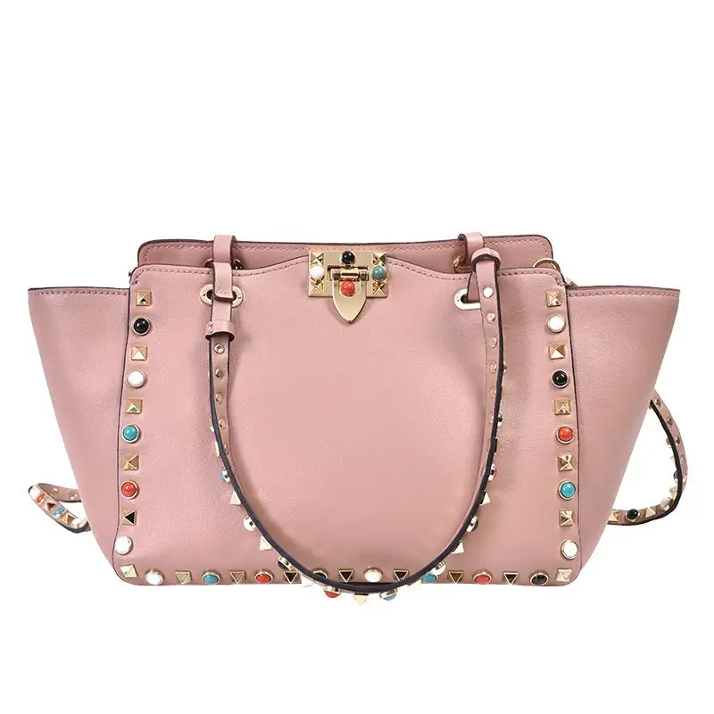 

LOEIL Leather rivet bag color nail handbag female cowhide bat bag slung shoulder bag wing bag