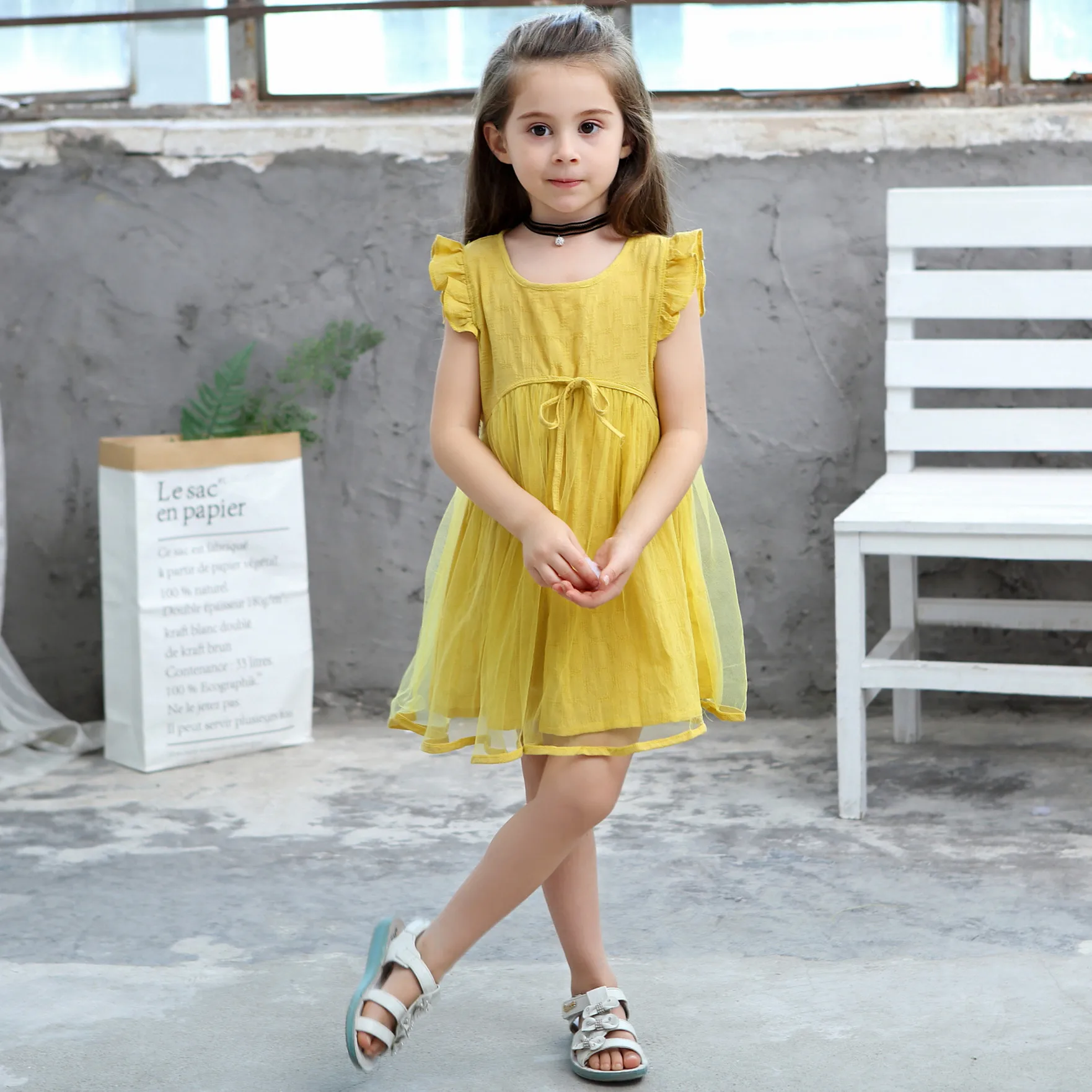 

mesh cotton girls summer dress casual kids dress for girls children's clothing yellow 2t to 7