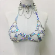 Готическая Новинка, блестящий лазерный голографический бандаж для тела, подвязки, металлическая цепочка, Круглый ворот, сексуальный бюстгальтер, жгут, Рейв, фестиваль, для женщин, панк-подвязка