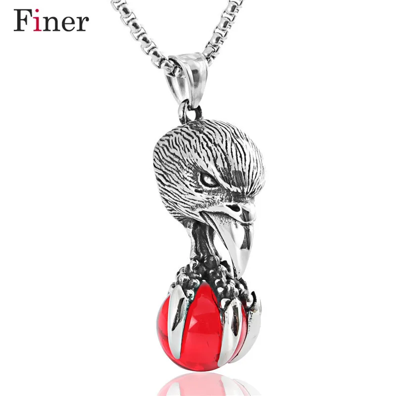 

316L Stainless Steel Neckalce for Men Eagle Pendant with Red Stone Punk Necklace Biker Jewelry Accessories Gifts