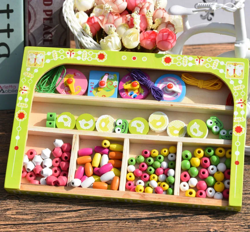 DIY Wooden Beaded toy Cartoon Watch Ornaments Bead Thread Puzzle Early