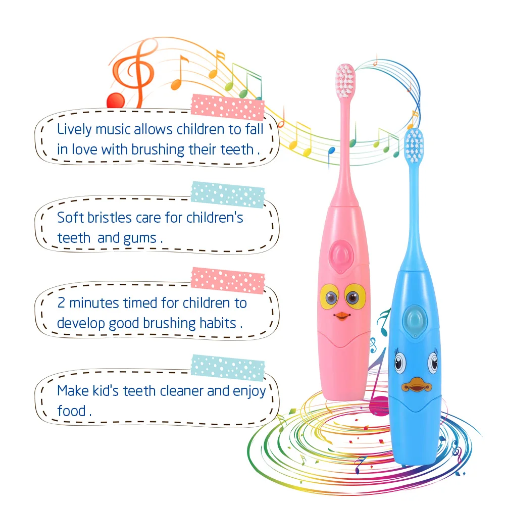 2 режима музыка электрическая детская зубная щетка мультяшный узор звуковая зубная щетка замена мягкие насадки зубных щеток Дети Уход за полостью рта