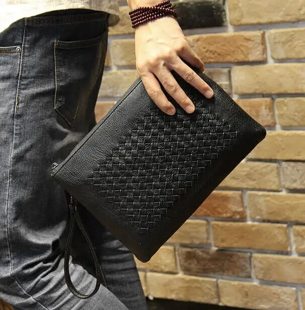 Fashion Design Black Leather Woven Bag Clutch Hand Bag Wrist Envelope ...