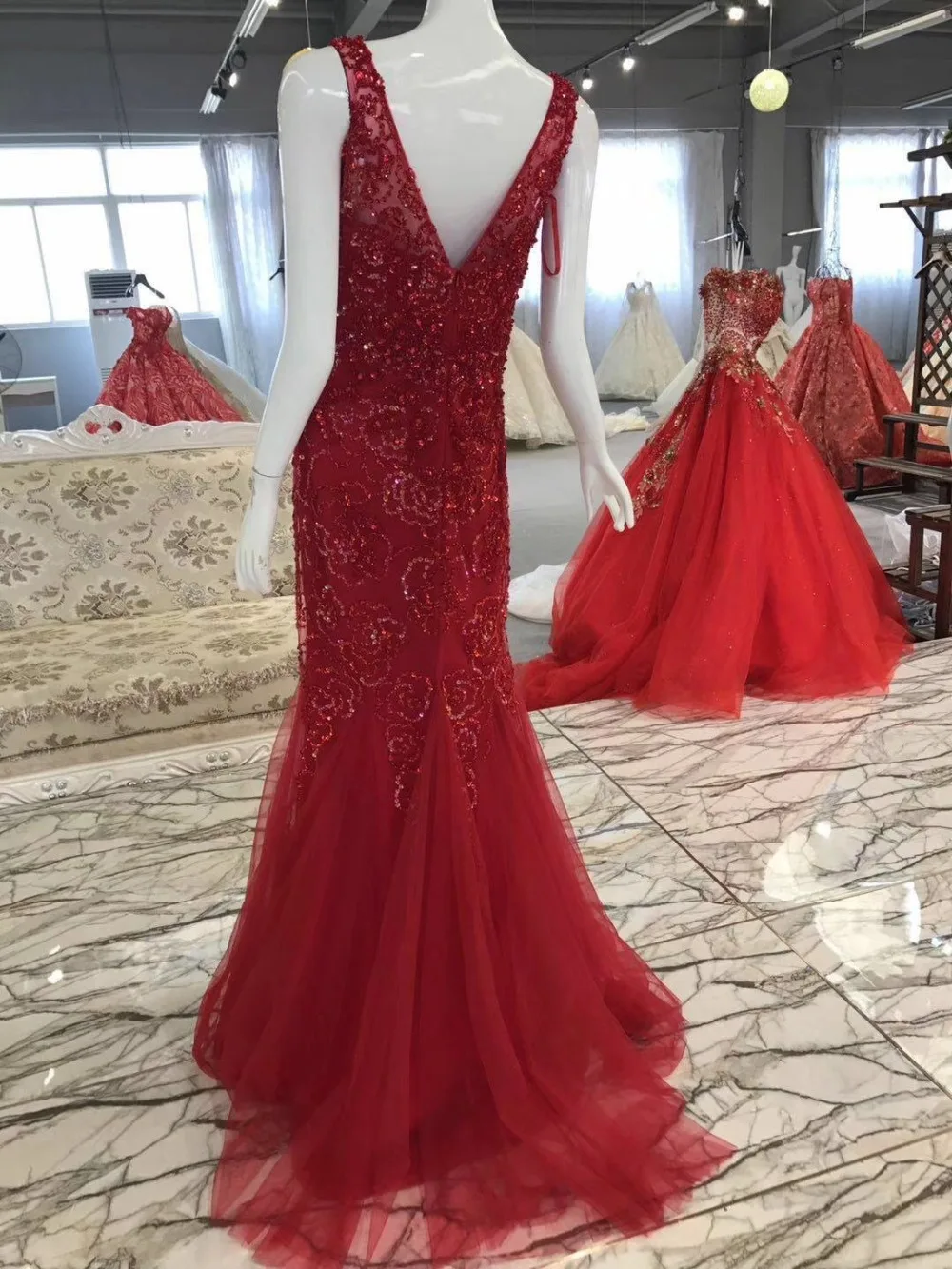 burgundy beaded mermaid long gown