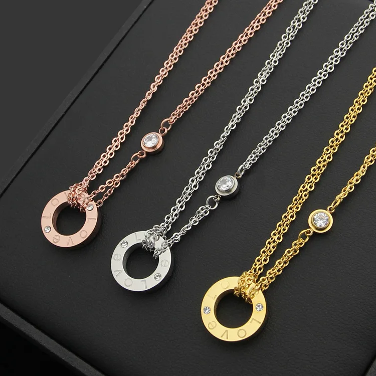 

Titanium Steel High Quality Jewelry Luxury Necklace Rhinestone Rose Gold Double Layer Necklace Wedding Jewelry