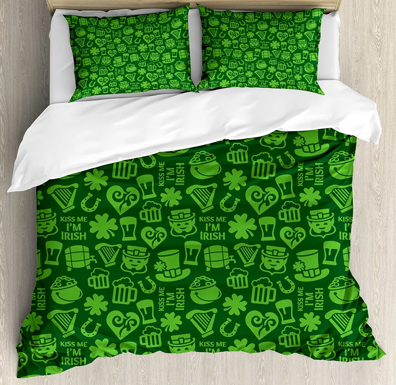 

Irish Duvet Cover Set Kiss Me I'm Irish Humorous Phrase with Ale Shamrocks Hats Traditional Symbols 4 Piece Bedding Set