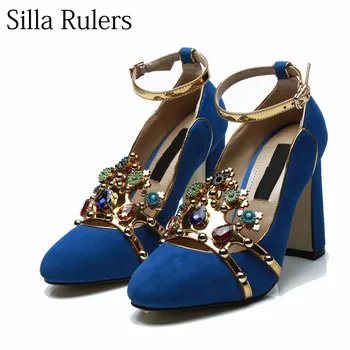 

Silla Rulers Handmade high-end customization genuine leather blue kid suede shallow gemstone high heel shoes woman party shoes
