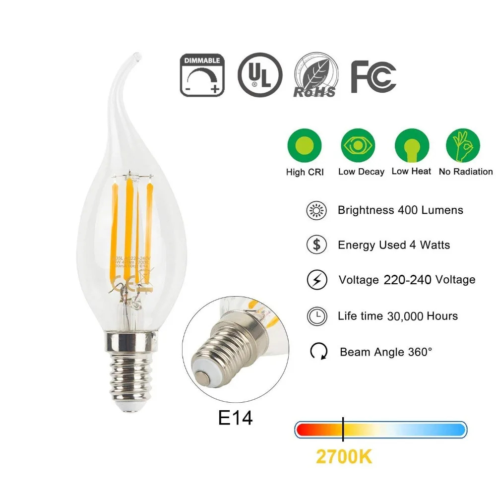 E14 220V Светодиодный светильник C35 4W Диммируемый светодиодный свечи накаливания канделябры с изогнутым кончиком 35W эквивалент накаливания