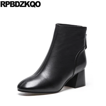 

Autumn Fur Designer Size 4 2018 Short Chunky Booties Genuine Leather Black Women Ankle Boots Medium Heel Shoes Square Toe Winter