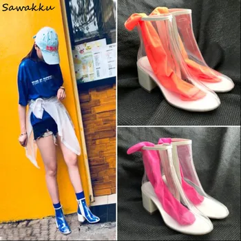 

Vogue PVC Celebrity Women Boots Plastic Clear Transparent Ankle Boots Brand White Block Heels Shoes Woman Free Socks