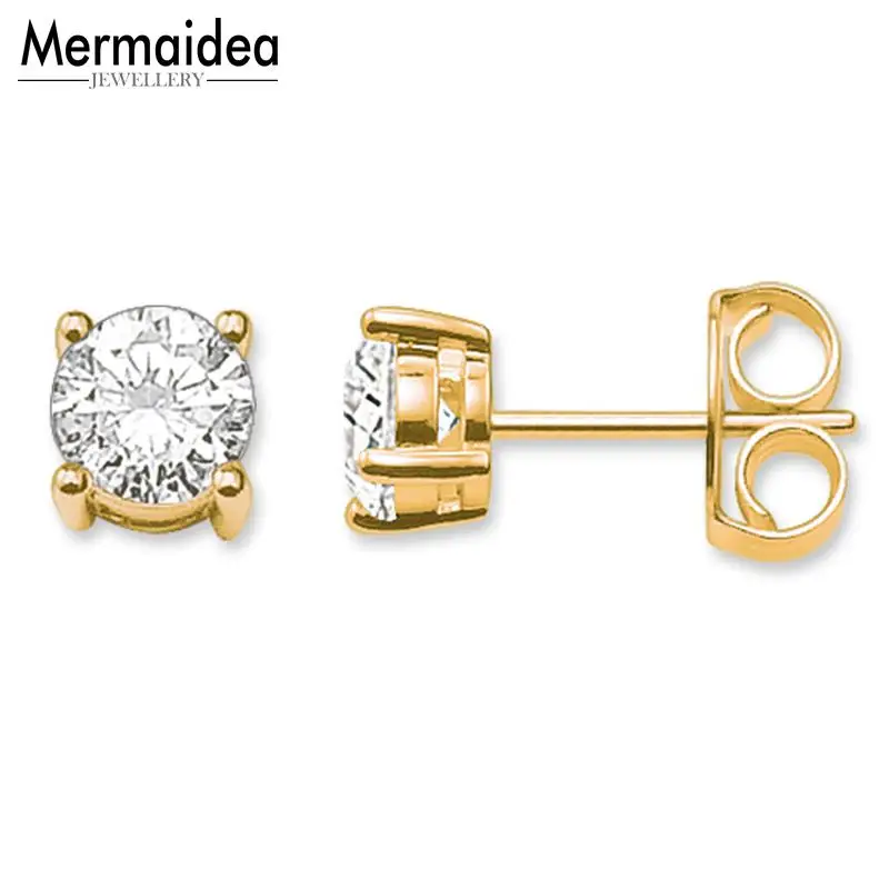 

Round Crystal Gold Color Stud Earrings 2019 New Fashion Jewelry Classic 925 Sterling Silver Gift For Women Men Lover