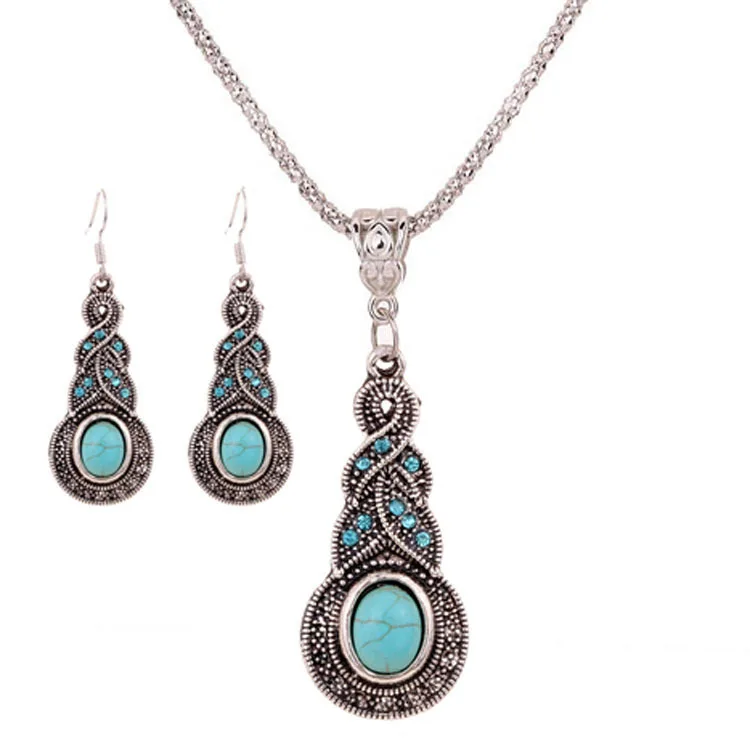 Le Yu Romantic Bridal Jewelry Sets For Women Zinc Alloy Necklace Earrings Turquoise Plant Set Auger Necklace Jewelry Set