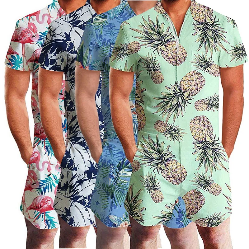 Fashion Print Overalls Pants Zipper Fly One Piece Cargo Pants Men Casual V-Neck Short Sleeve Streetwear Knee Length Pants Men