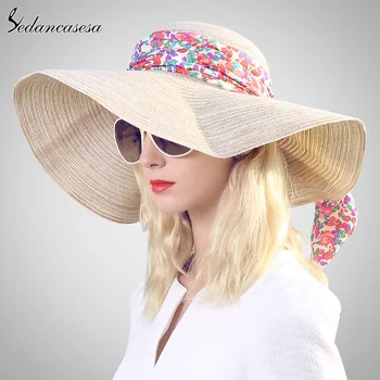 

Sedancasesa Hot Style Large Brim Straw Hat Women Girls Sun Hat Fashion UV Protect Bow Summer Beach Hat Holiday 57cm SW012546