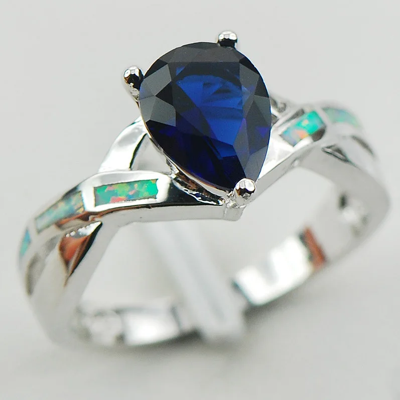

Blue Crystal Zircon White Fire Opal 925 Sterling Silver Woman Ring Size 6 7 8 9 R1188