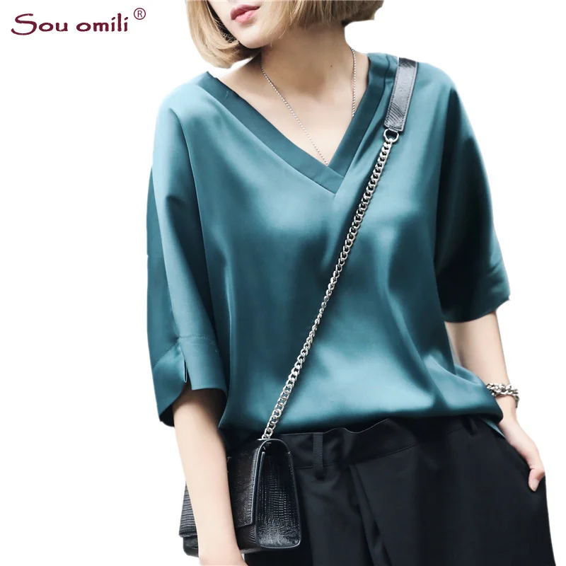 

Bright Silk Summer Casual Chiffon V Neck Satin Tops Tees Boyfriend Style Loose Half Sleeve T-shirts For Women Clothing Orange