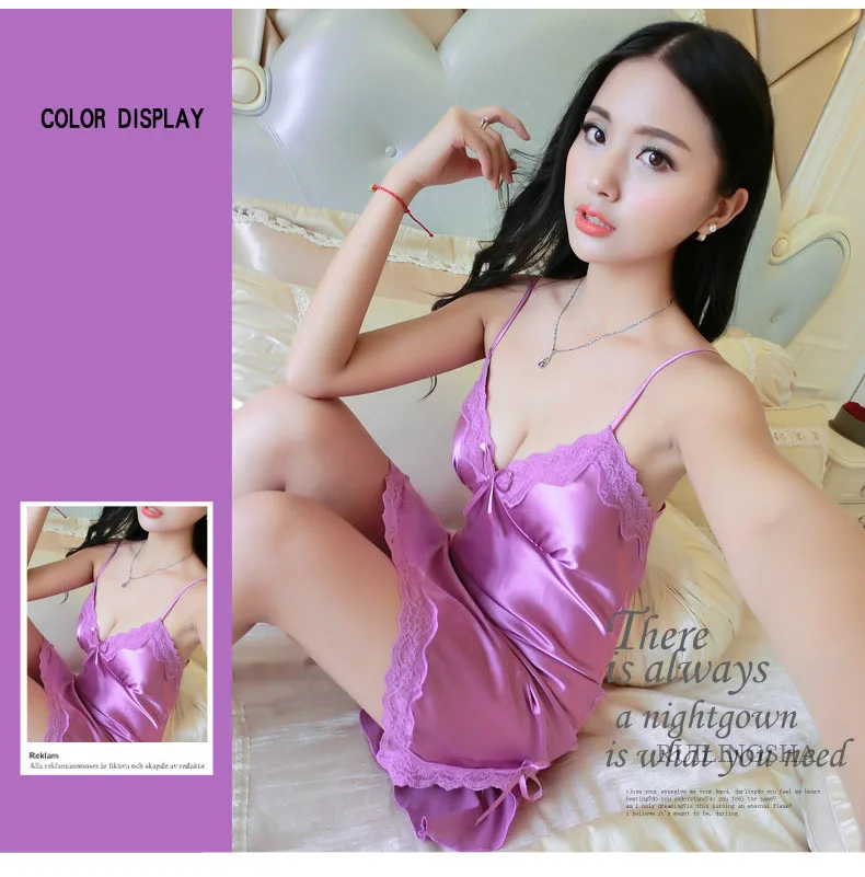 Women Short Sexy Lace Nightwear Satin Silk Sleepwear Spaghetti Strap Sleepshirts Pink Nightdress Lingerie Night Wear Dress Gown