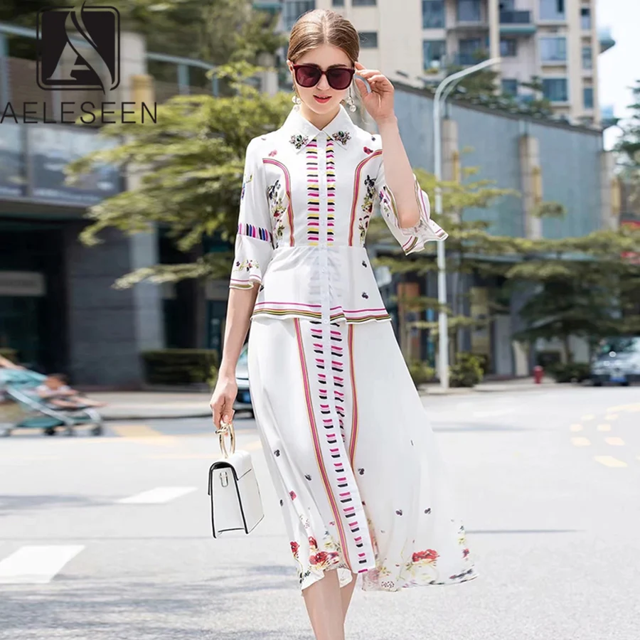 

AELESEEN Fashion Runway Vintage Style Dressss Women Summer 2019 Luxury Beading Turn-Down Collar EURO Elegant A-Line Floral Dress