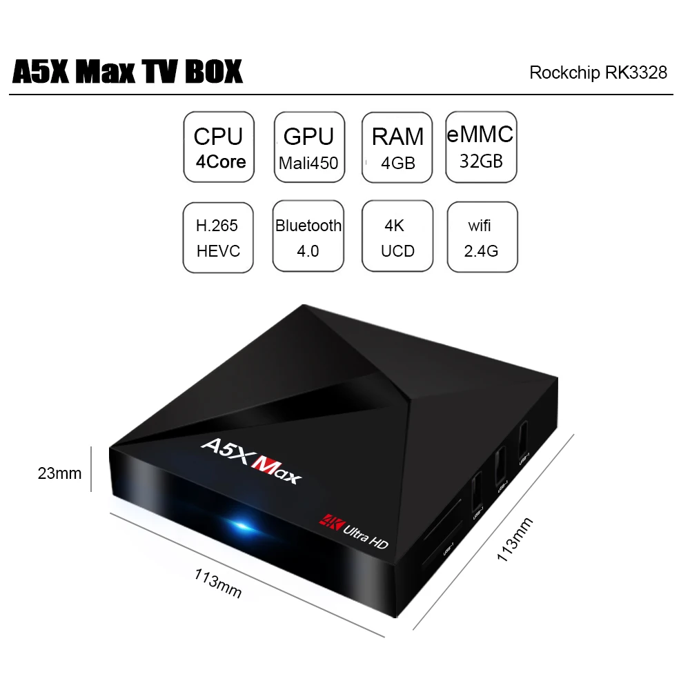A5X Max Android TV Box RK3328 4GB RAM 32GB 4K HD Smart TV Box with USB 3.0 Smart IPTV M3U espana French Italian Spain Arabic  