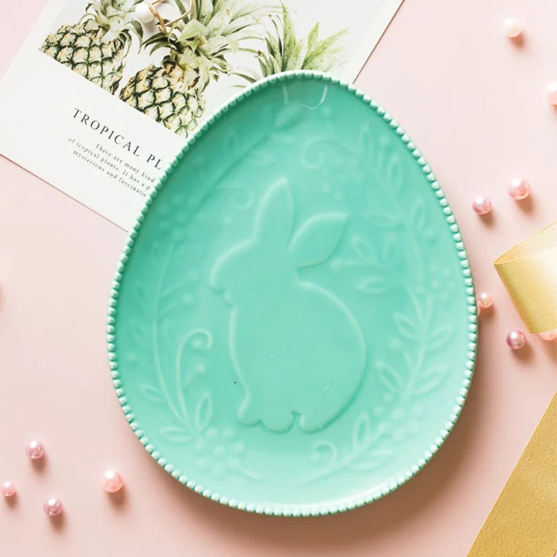 1 шт. INS милый кролик керамические украшения блюдо для хранения розовый зеленый кролик закуски, торт тарелки кольцо лоток для сережек украшения, подарки