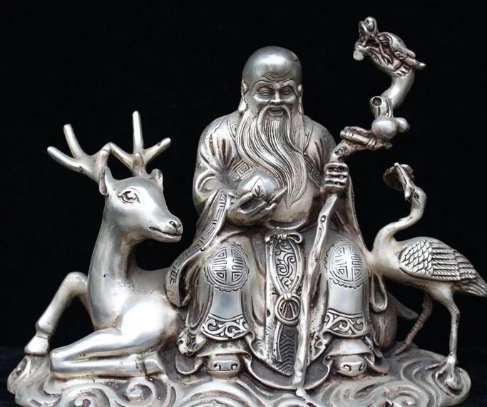 

9" Marked Chinese Silver Longevity Star Shouxing On Deer Dragon Turtle Statue S0708 Discount35%
