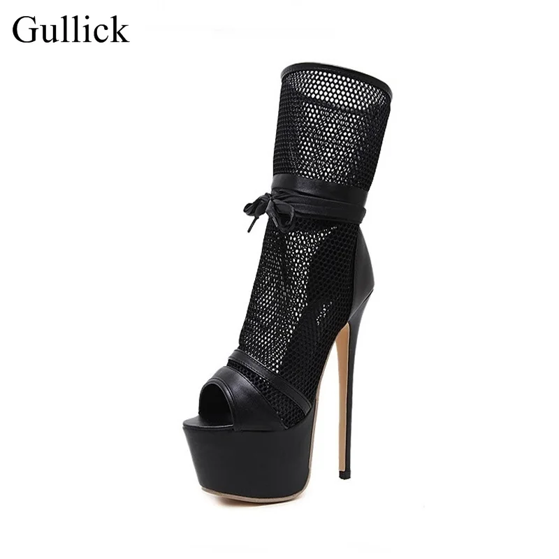 

Gullick Brand Black Mesh Mid-calf Boot Peep Toe Lace-up High Platform Sandals Boots Women High Heels Gladiator Sandals Boots