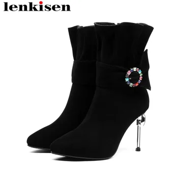 

2018 novelty design colorful crystals pointed toe super high heels zipper plus size ruffled fold kid suede mid-calf boots L31