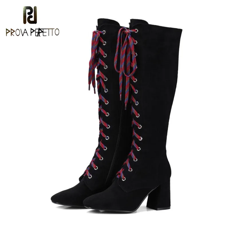 Prova Perfetto 2018 Fashion Real Leather Brown Solid Chunky Heels Knee High Boot Sexy Round Toe Cross-tied High Heel Women Boots Prova Perfetto 2018 Fashion Real Leather Brown Solid Chunky Heels Knee High Boot Sexy Round Toe Cross-tied High Heel Women Boots