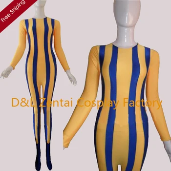 

Free Shipping DHL 2017 Carnival Round Collar Orange Spandex Zentai Suit With Blue Stripes DC1659