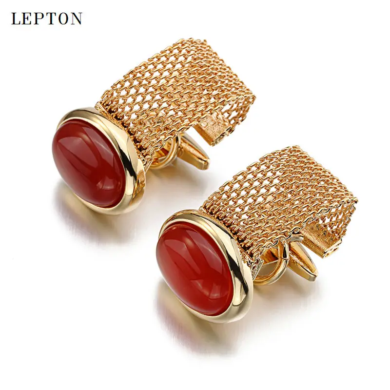 Hot Luxury Red Onyx Cufflinks for Mens Lepton Brand Men Shirt Cuffs Cufflink High Quality ellipse Stone Cuff links gemelos