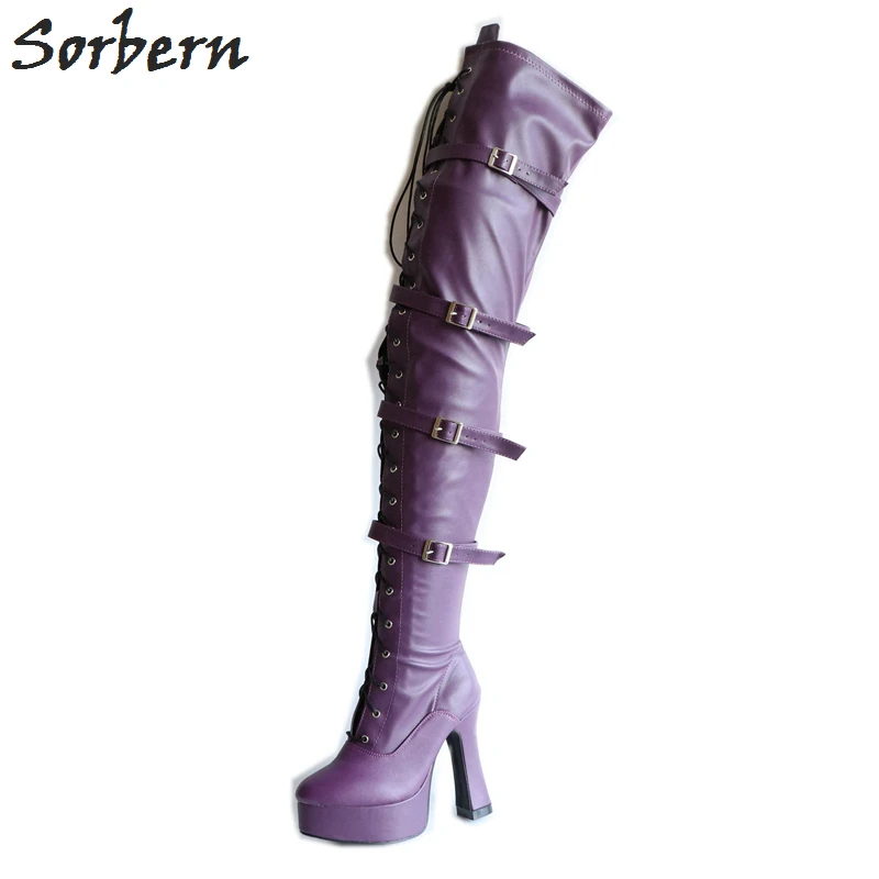 Sorbern/матовые Фиолетовые женские ботфорты до середины бедра на массивном каблуке с ремешками на молнии сбоку; женские высокие сапоги выше колена на платформе и высоком каблуке