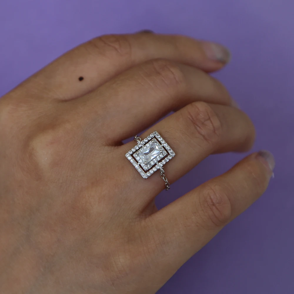 European charm chian ring clear multi color Rainbow cz metal square ring 2018 hot selling geometric cubic zirocnia rings