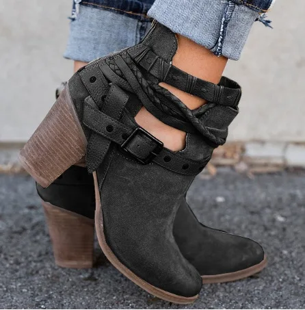 Mode Solide Pu Femmes gris Rond Bout sur Décontracté Rivet Basiques Carré Martin Slip rouge Bottes Chaussures Taille Cheville Vintage Grande Noir Haute De Talon sQrhBoCdtx