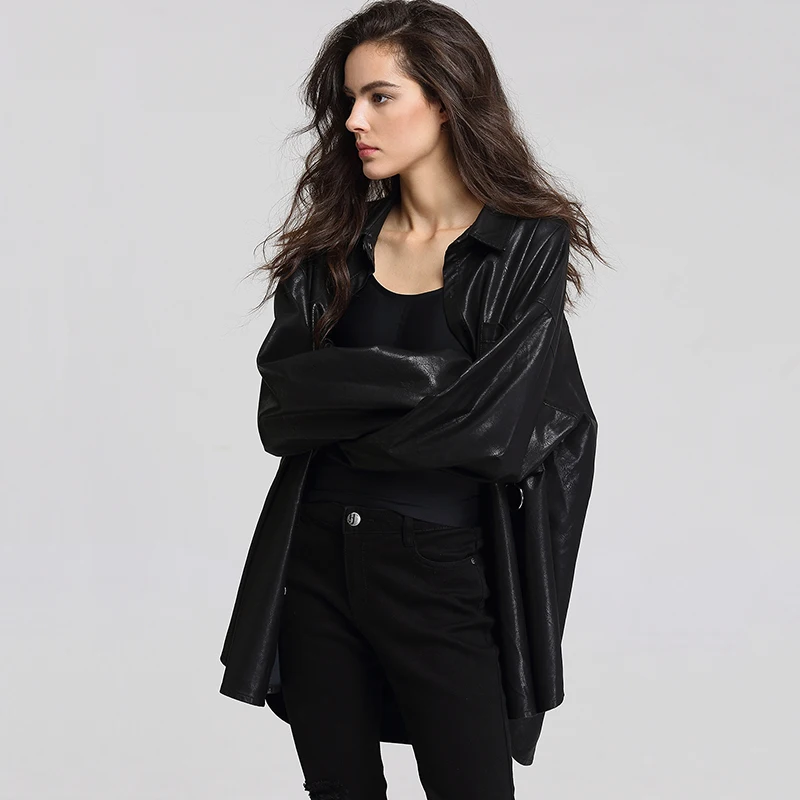 discount  ESCALIEA Basic Jacket Women's Washed PU Leather Jacket Fashion Turn-down Collar Button Coats Free S