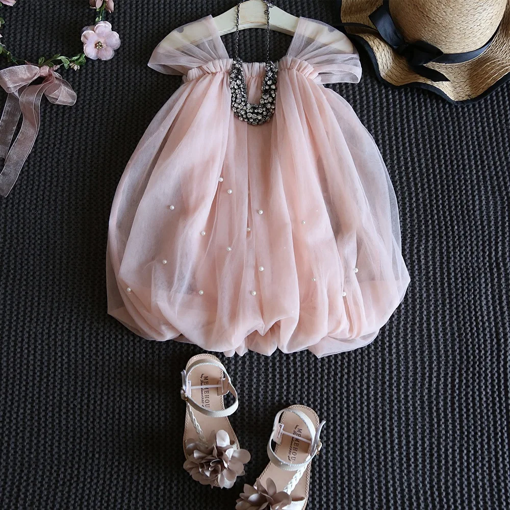 Детское милое платье принцессы платье для девочек с жемчужинами и фонариками летняя детская одежда для детей 2, 3, 4, 5 лет