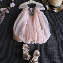 Детское милое платье принцессы платье для девочек с жемчужинами и фонариками летняя детская одежда для детей 2, 3, 4, 5 лет