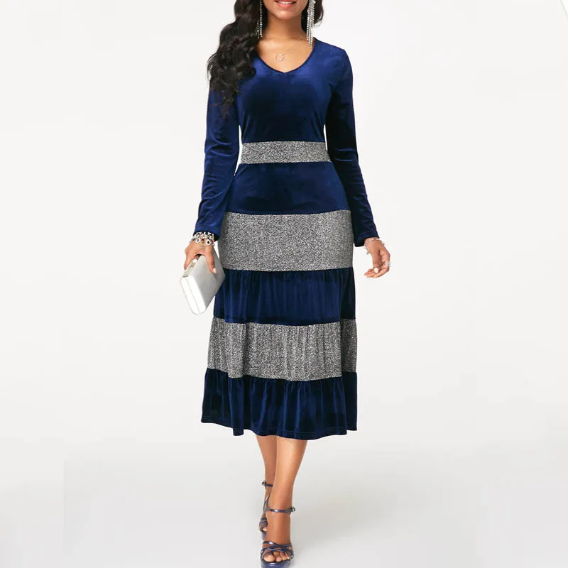 Kopen NORMOV 2019 Mode Vrouwen Herfst Winter Plus Size Fluwelen Jurk Elegante Partij Sequin Patchwor Jurk Ruche 3 Kleur Midi Jurken