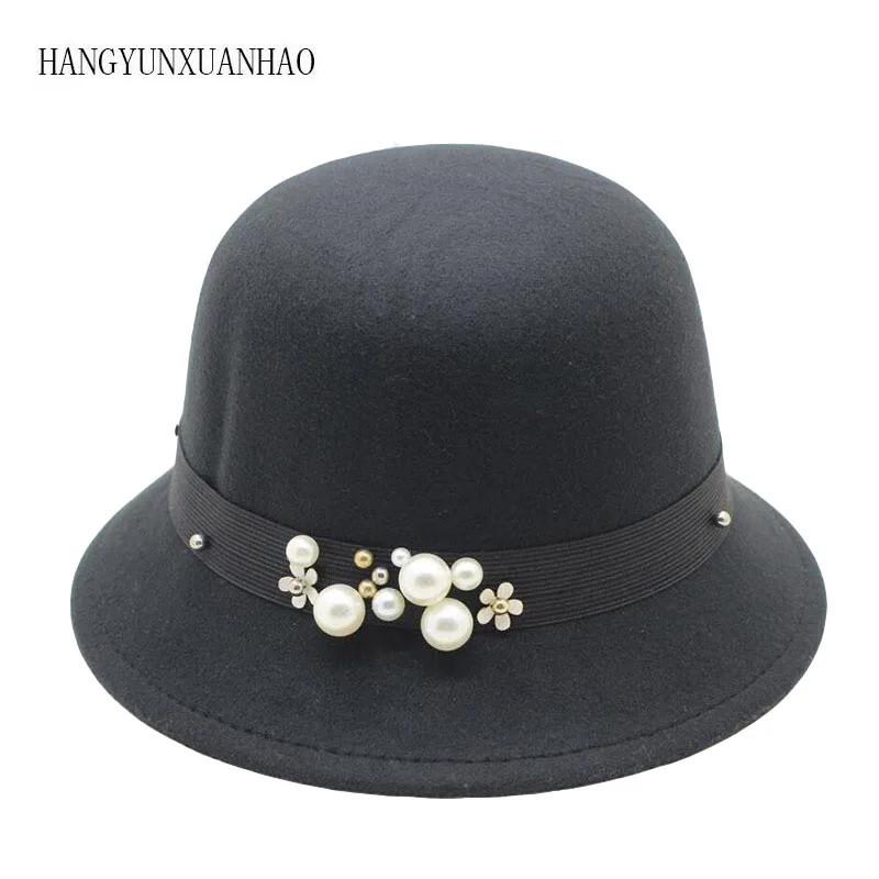 Новинка года; женские шляпы для мальчиков и девочек в стиле ретро с жемчугом; фетровая шляпа из полиэстера с широкими полями; пляжная кепка от солнца