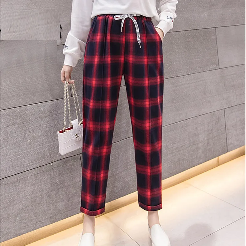 

LZMZA Women Plaid Pants Vintage Loose Womens Trousers Spring Casual Drawstring Waist Harem Pants Summer Ankle-Length Pants