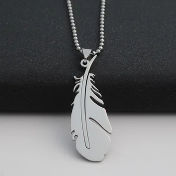 

Wholesale Fashion Stainless Steel Necklace For Women Silver Color Feather Pendant Necklace Beads Chain Necklace Statement Gift