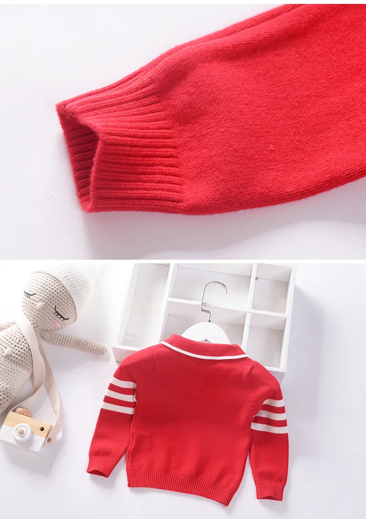 Красные рождественские свитера с отложным воротником для маленьких мальчиков теплая детская трикотажная одежда, пуловер зимняя детская одежда