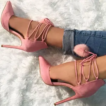 

Abesire New Fashion Women Sexy Fur Ball Embellished High Heels Ankle Strap Sandals Ladies Pointed Toe Cover Heels Dress Shoes