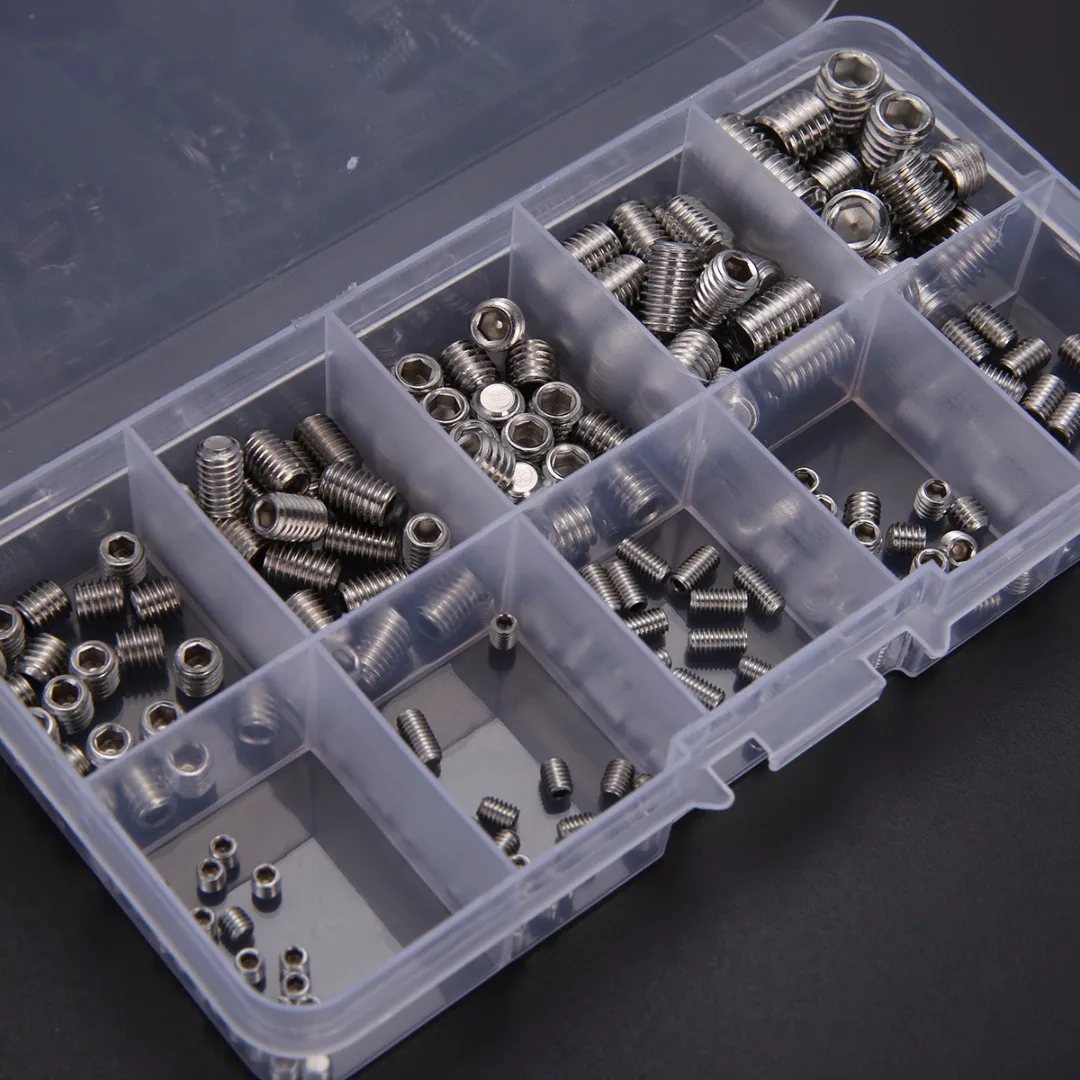 200pcs 304 Stainless Steel Grub Screws Hex Socket Screw Assortment Kit Set M3/M4/M5/M6/M8